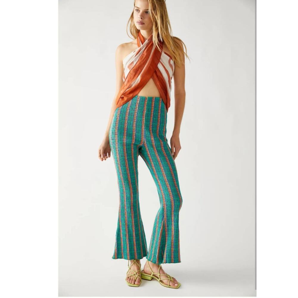 New Free People Fine Line High Rise Slim Flare Pants $78 Small Green Stretchy